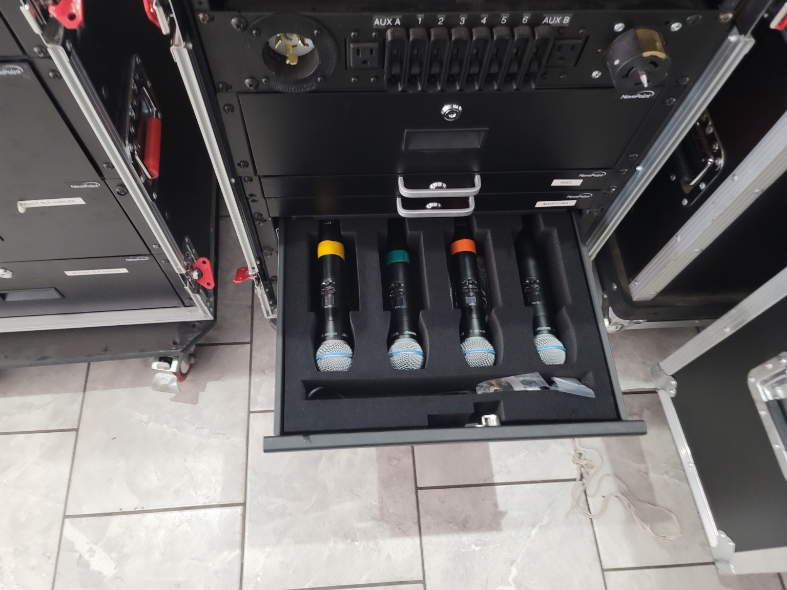 Organized professional wireless microphone storage drawer
